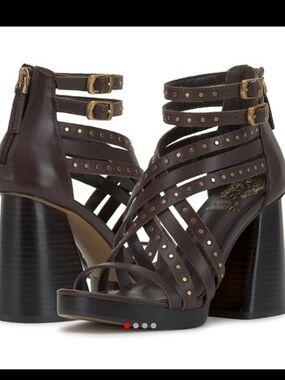 Vince Camuto Dark Brown Studded Strappy Block Heel Sandals